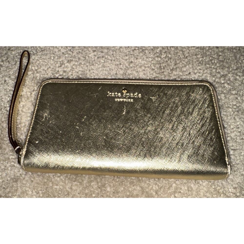 KATE SPADE Gold Leather Zip Around Wallet Clutch Wristlet Purse